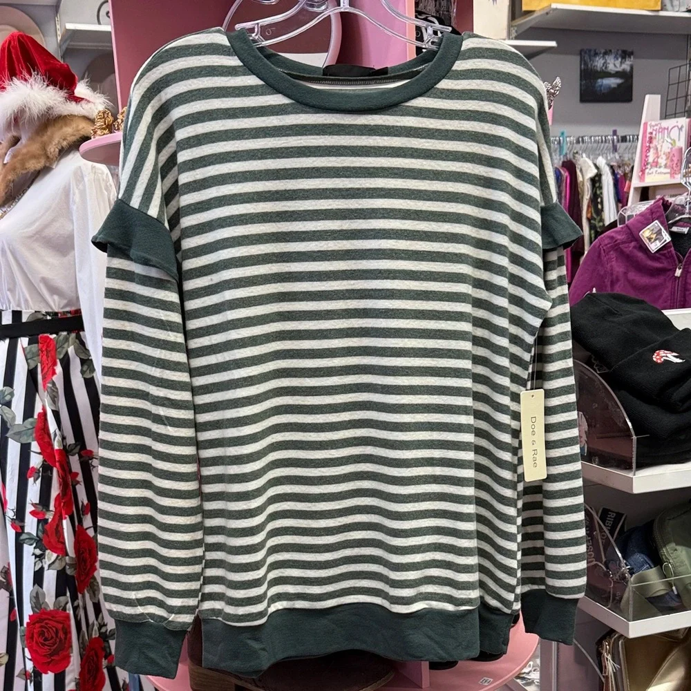Doe & Rae Green and White Striped Crewneck Sweater - Picture 2 of 2